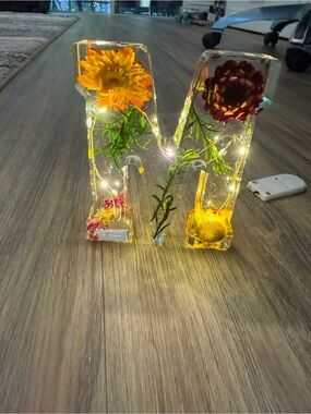 Source Unknown Resin Letter M with Yellow and Orange Flowers